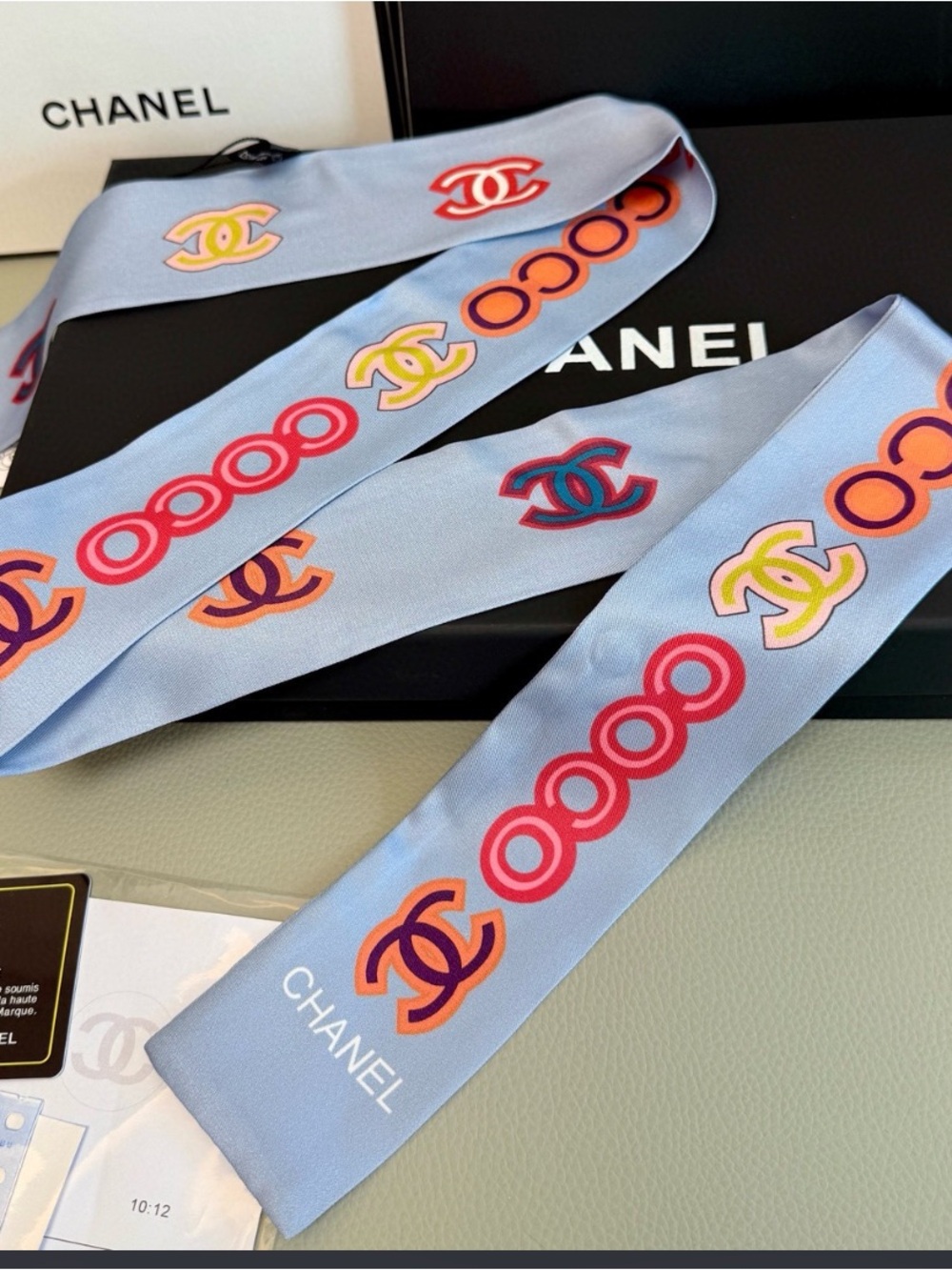 💙 Double C Designer Letter Logo Blue Silk Scarf